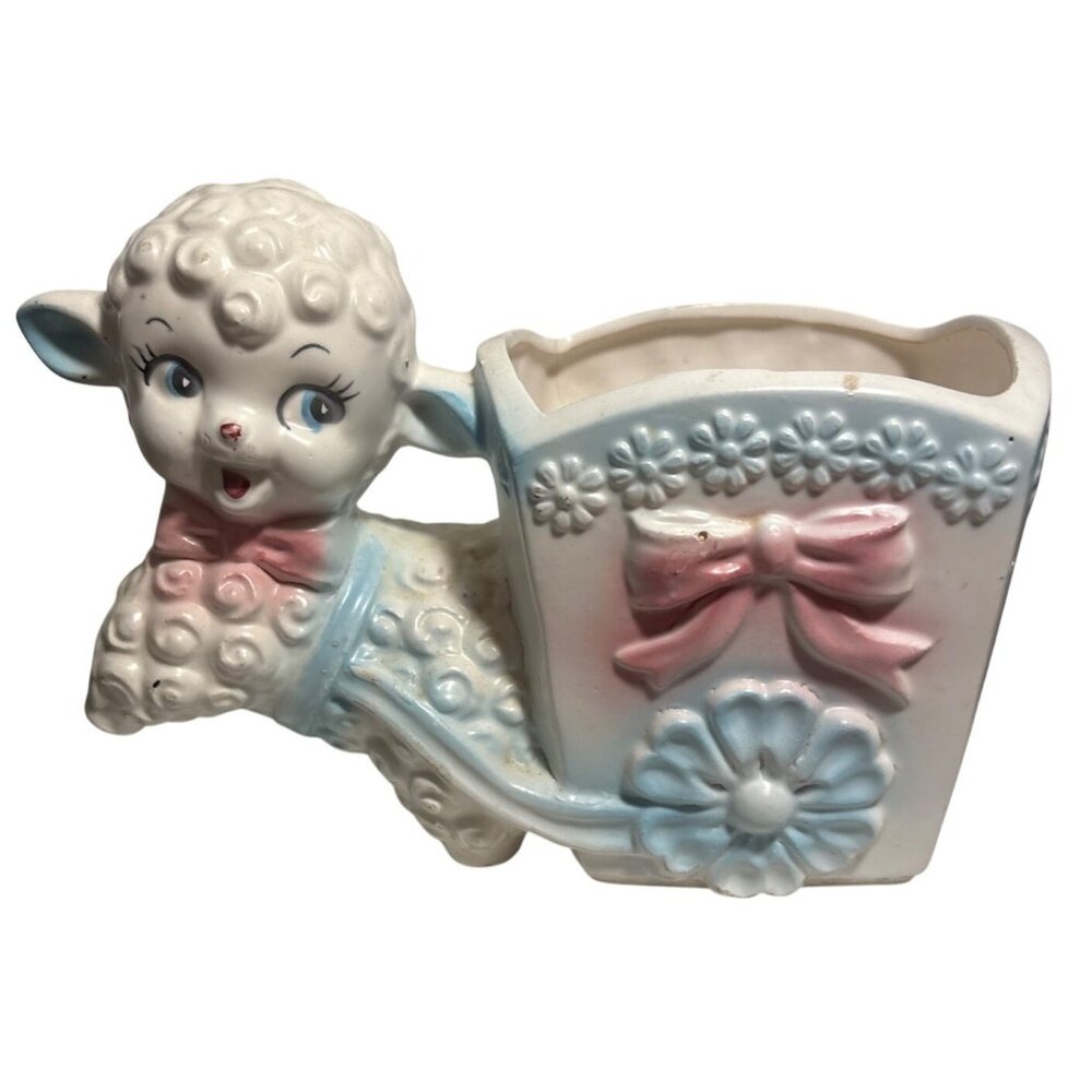 Inarco Planter Baby Lamb Pulling Cart Ceramic Japan Kitschy Cute 1950s Vintage